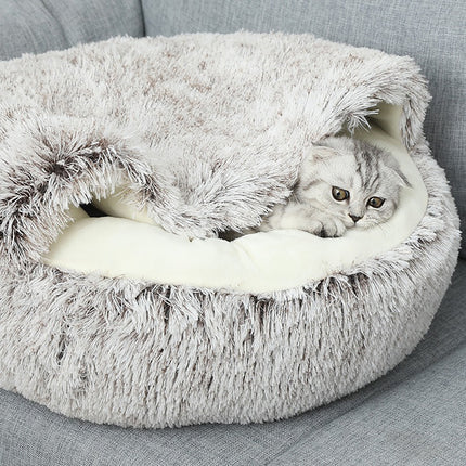 Hooded Plush Cat Bed – Round Donut Cave Bed for Cats & Small Dogs | Semi-Enclosed, Warm & Washable