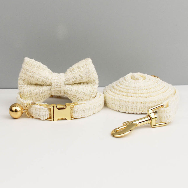 S White 3 Piece Luxury Tweed Cat Collar and Leash Set with Removable Bow Tie & Bell Adjustable Neck Strap for Kittens Small Dogs Elegant Walking Gear