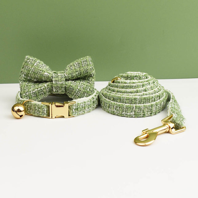 S Green 3 Piece Luxury Tweed Cat Collar and Leash Set with Removable Bow Tie & Bell Adjustable Neck Strap for Kittens Small Dogs Elegant Walking Gear