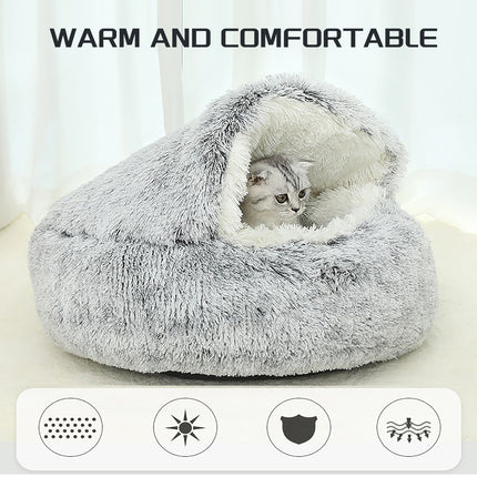 Hooded Plush Cat Bed – Round Donut Cave Bed for Cats & Small Dogs | Semi-Enclosed, Warm & Washable
