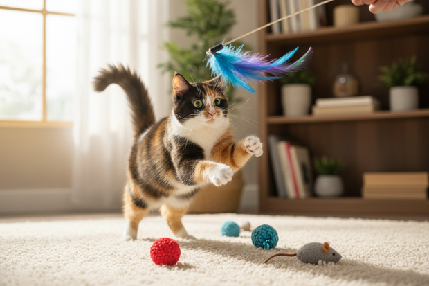 Generate an image of a real cute cat playing with its toys